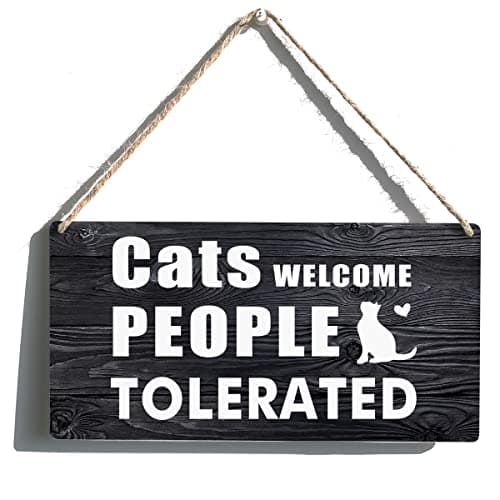 Funny Cat Sign Gift Farmhouse Cats Welcome People Tolerated Wooden Hanging Sign Rustic Retro Wall Art Decor for Home Beauty Shop Decoration 12 x 6 Inches Decorative signage