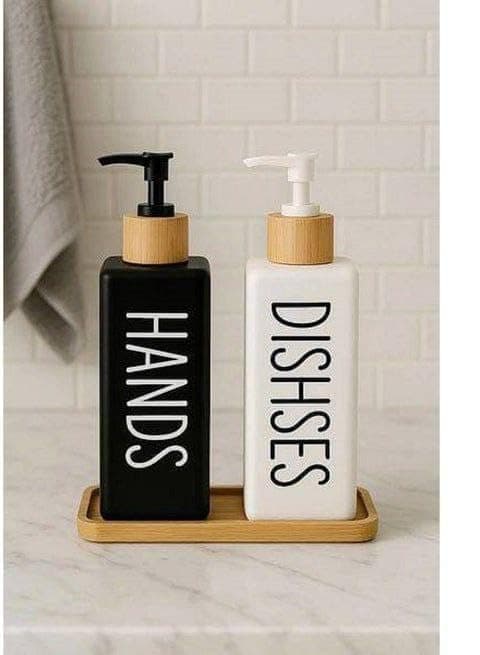 Generic 2-in-1 Glass Dispenser Set, Square Dispenser Set, Includes a Bamboo Wood Stand, .kit
