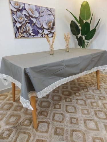Generic Grey Leather Tablecloth with White Lace Border, Heavy Leather, 150x230cm, .reh