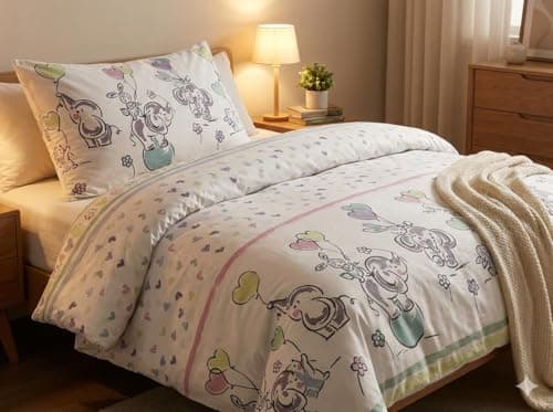 Children's Duvet Cover, Cotton, Includes 1 Pillow Case, Different designs (170x220 cm) (Elephants, Rabbits & Ballons)
