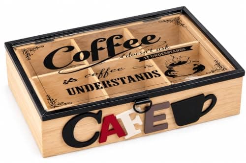 6 Compartments Wooden Tea Box with Glass and Metal Lid - Tea Bag Organizer Box with Multiple Compartments for Kitchen and Serving Table | Large