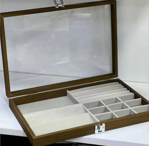 Velvet Accessories Organizer with Wooden Base and Clear Glass Lid - Large Size 36x25cm for Jewelry Organizer Jewelry Organizer Large