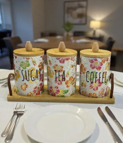 Generic Porcelain Tea Coffee Sugar Canister Set With Wooden Tray, 500ml, .em Food storage container