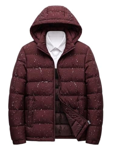 Waterproof Men's Hooded Puffer Jacket, Water-Resistant, Dark Red | Quilted Insulation, Zip Closure, Winter Outerwear, Windproof Hood, Casual Fit Coat