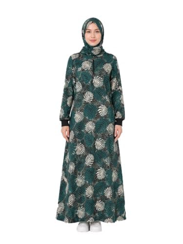 Women's Leaf Print ISDAL with Hijab, Full-Length Maxi Dress, Long Sleeve - Green - One Size