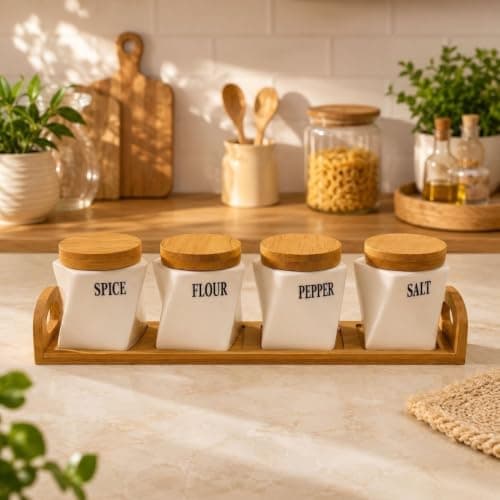Generic 4-piece porcelain spice set with bamboo lids that preserve contents, Suitable for storing salt, pepper, spices, and sugar, Easy to clean and convenient for daily use, .Ais