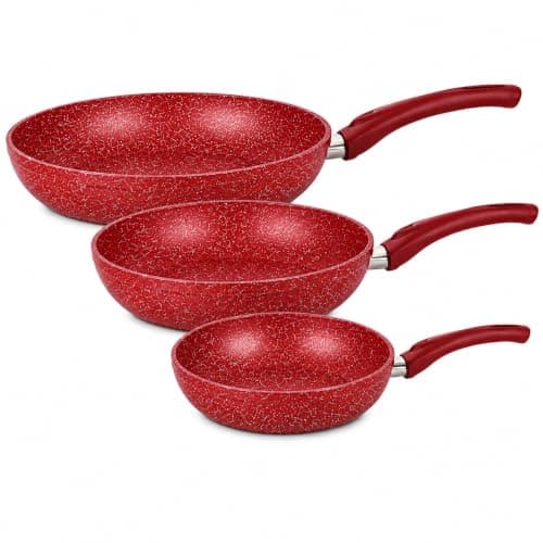 Lavina Miro Granite Frying Pan Set 3 Pieces 18, 24, 28 cm Red | 3mm Thickness, Non-Stick Coating, Multiple Sizes, Soft-Grip Handle, Black Finish Cookware set
