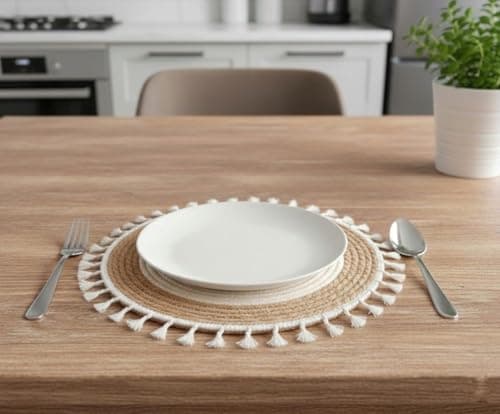 Boho Round Natural Wicker Coaster with Tassels Thick Washable Placemat