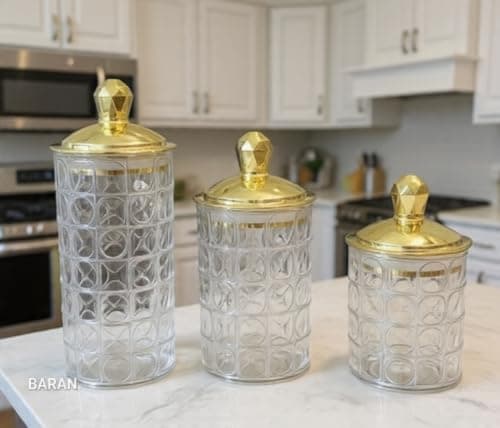 Generic Crystal Gold 3-Piece Glass Spice Set with Gold Lids, .bI Food storage container