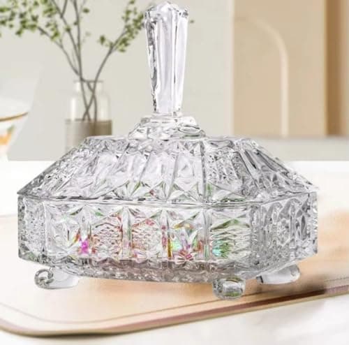 Generic Glass Bonbonniere with Lid, Rectangular Shape, Decorative Candy Jar, 12x11x8 CM, .flo