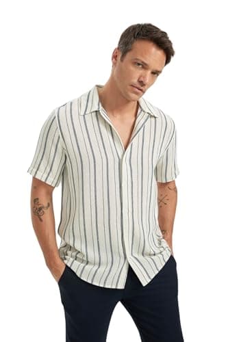 DeFacto Mens Regular Fit Polo Neck Short Sleeve Casual Woven Top Short Sleeve Shirt C8315AX Short Sleeve Shirt