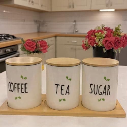 Generic Canister Set for Tea Coffee Sugar with Natural Wood Lids, .P Food storage container