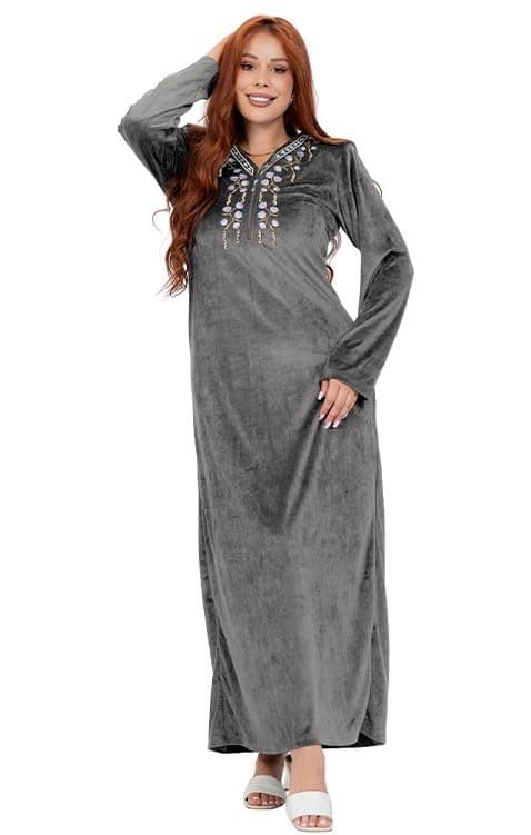 Dadosh Winter Long Velvet Nightgown with Elegant Embroidery - Soft and Comfortable Home Wear or Reception - Winter Nightgown for Women Nightgown nightshirt