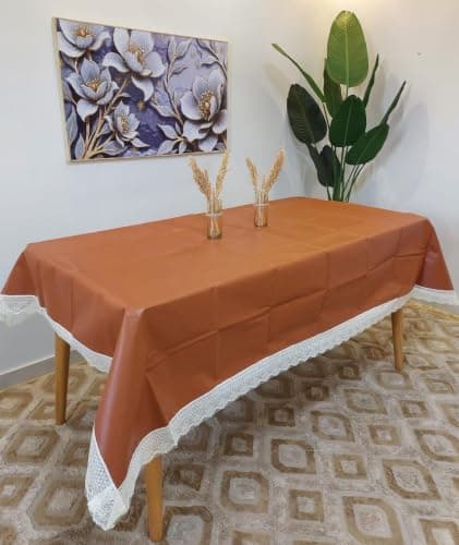 Generic Leather Tablecloth with Lace Border, Camel, Heavy Leather, 150x230cm, .reh