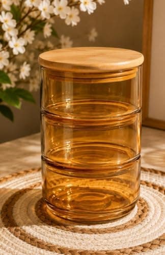 Generic Honey-colored glass jar set, 3 pieces with wooden lids, Suitable for storing biscuits and sweets, 500 ml, .em Food storage container