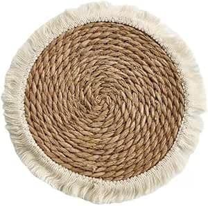 Handmade Tassel Wicker Coaster - Heat Resistant Round Coaster - Unique Wicker Design Versatile for Cups and Plates on Dining Table - Imported Product for Daily Use KH Drink coaster