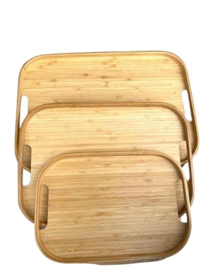 3 Piece Oval Bamboo Wooden Serving Tray Set - Serving Trays with Different Sizes for Drinks and Food - Practical Design for Daily Use and Hospitality - Easy to Arrange and Store KH