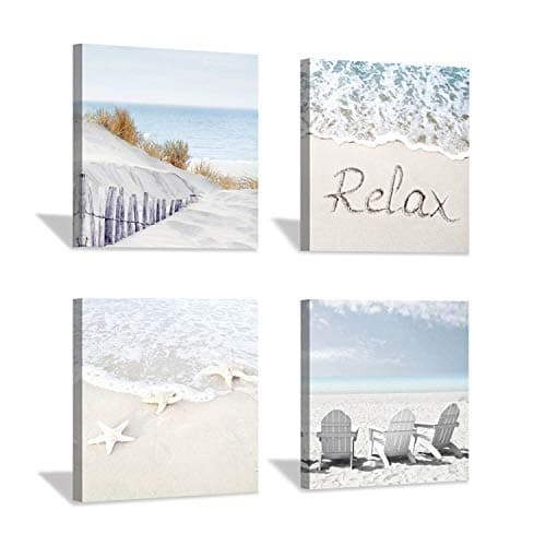 Hardy Gallery Coastal Artwork Beach Wall Art: Starfish & Chairs on Sand Painting with Word Picture on Canvas for Living Room (12” x 12'' x 4 Panels)