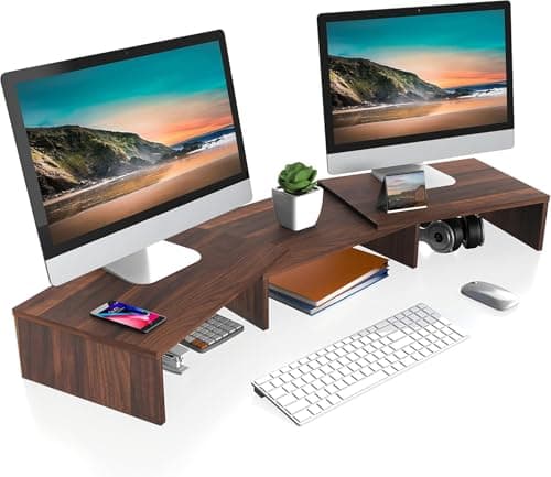 FITUEYES Dual Monitor Stand (Brown) DT108002WB | Wooden 3-Shelf Design, Supports up to 55lbs, Flexible for Standard Corner Space, Holds Monitor, Laptop, Phone, Printer