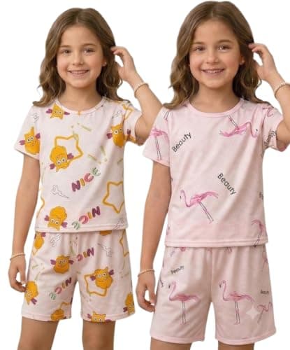 Girls Pajamas Summer Pajama Set (4 Pieces/2 PJs), Cartoon Swan, Round Neck Shirt and Shorts, Light and Comfortable, 4-9 Years
