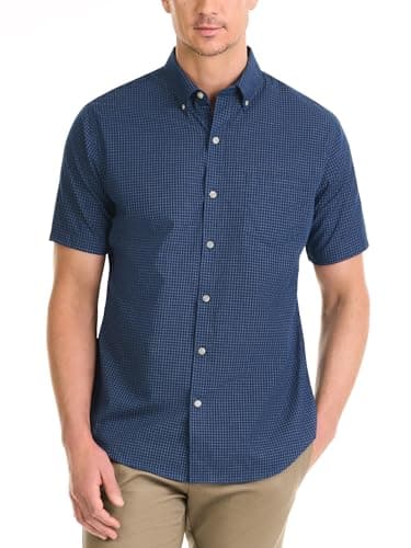Van Heusen Men's Wrinkle Free Short Sleeve Button Down Shirt, Carbon Blue Minicheck, XL