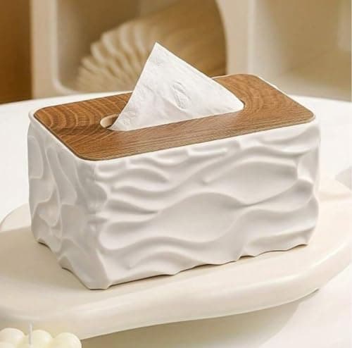 Generic Tissue Box with Wooden Lid, Shatter-Resistant Plastic, White .ar
