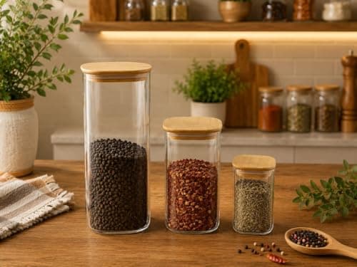 Generic Glass Spice Jar Set, Airtight Lids, 3 Piece, Various Sizes, 300ml, 1500ml and 2500ml, for Spices, Grains and More, .Ais