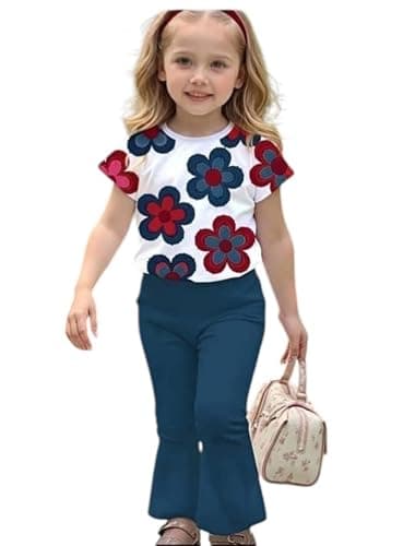 Miza Girls Set of 2 Pieces Cotton Colorful Flower Print T-shirt and Loose Fit Escuba Pants Casual Wear for Kids - Girls Suit Coordinated outfit