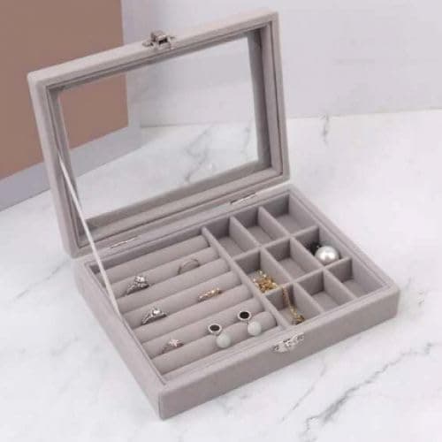 Elegant Velvet Glass Jewelry Box – Portable Ring & Earring Organizer, Small Travel Case for Rings, Necklaces & Bracelets, Elegant Jewelry Storage for Women Gifts (Gray)