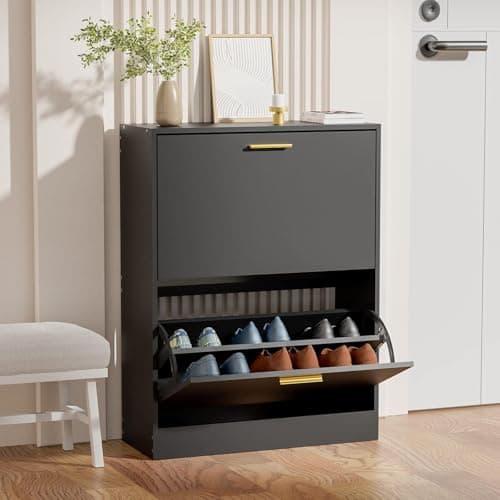 JOZZBY Shoe Cabinet for Entryway, Black Slim Shoe Cabinet with 2 Flip Drawers Narrow Shoe Storage Cabinet 2 Tier Freestanding Shoe Organizer for Entryway, Hallway, Living Room