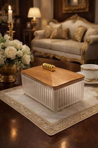 Generic Acrylic with Wooden Lid, Clear Ribbed Design, Gold Accent Knob, Shockproof Storage Box, .soh