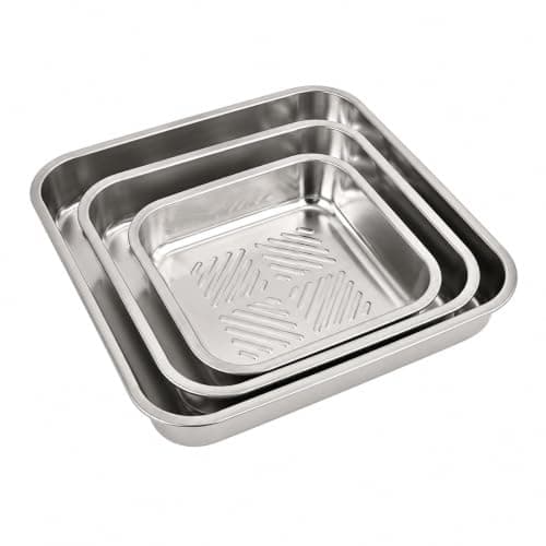 طقم صينية استانلس ستيل مربع 3 قطع مقاس 18/21/24 سم | Suitable for oven and refrigerator, rounded edges, ribbed surface, overlapping stainless steel