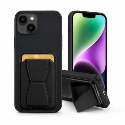 3M Store Leather Case Compatible for iPhone 15 Shockproof Leather Back Card Storage & case built-in Stand PU leather for a stylish look, comfortable grip (Black) Cellular phone case
