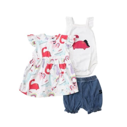 Bebic 3-Piece Set for Baby Girls - 3-piece baby girl set: white dinosaur/rainbow print dress Shirt