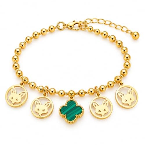 Women's Gold Beads Bracelet with Cats and Green Lobe | Green Rose Design, Cat Hangings, Elegant Hand Accessory, Suitable for Occasions, Gold Color Beads