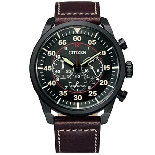 Citizen contrast stitching leather band chronograph analog watch for men - brown
