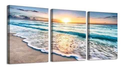 daktenn 3 Piece Beach Wall Art Ocean Wall Art Sunset Pictures Wall Decor Beach Pictures Wall Art Ocean Wall Decor Sunset Landscape Painting, 12"x16"x3 Panels