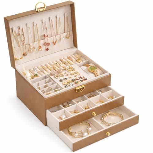 Accessories Organizer for Women, Travel Jewelry Box, 3-Layer Locking Jewelry Storage Case for Earrings, Bracelets, Rings, Watches, Brown