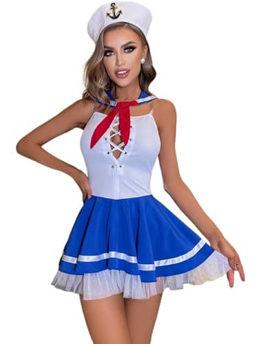 NF22-318 Women's Fashion Sailor Costume Lingerie Set - White and Blue Mini Dress with Matching Hat