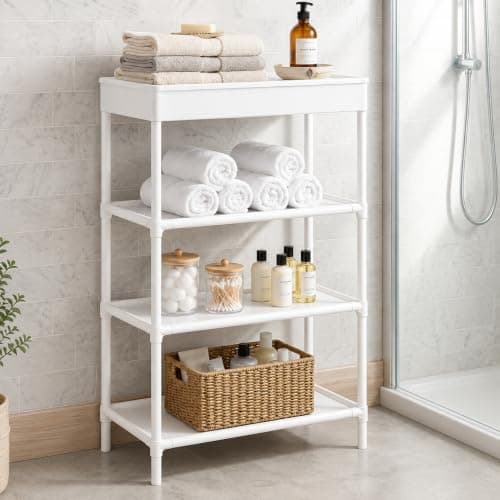 4 Tier Slim Storage Organizer, Top Basket, Kitchen Bathroom Shoe Rack White | Kitchen And Bathroom Use, Slim Spaces, Shoe Storage, Four Tier Design, Top Basket, Easy Organization, Space Saving, Neat Fits Shelf