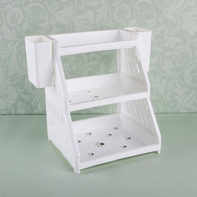 3-Tier White Desk & Kitchen Organizer Rack with 2 Storage Cups 30x25x25cm