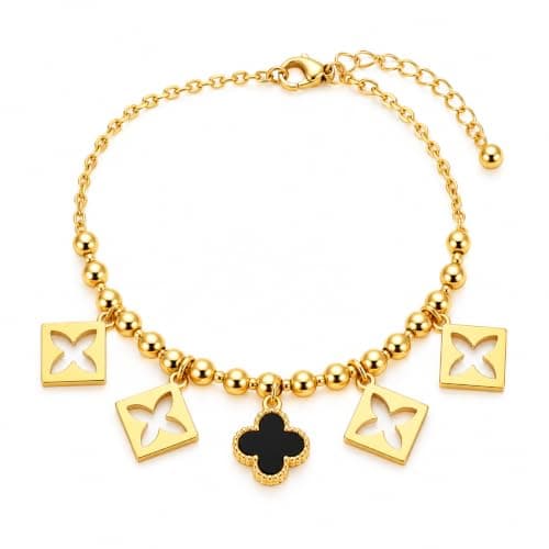 Women's Gold Bracelet Luxury Pendants Blue Stone | Gold beads chain, flower hanging, lobster hook closure, adjustable, fashion design