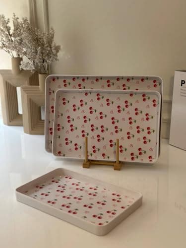 Generic Cherry Print Melamine Serving Tray Set, White, Rectangular, Set of 3, .em