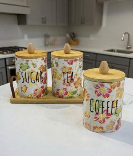 Generic Porcelain Tea Coffee Sugar Canister Set with Wooden Tray, 500ml, .em Food storage container