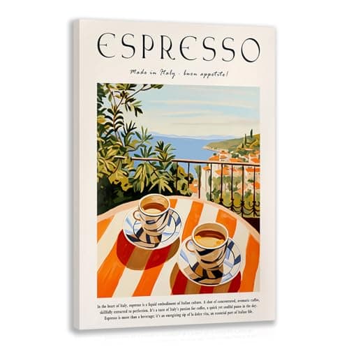 GELDSTEI Wrapped Canvas Vintage Italian Espresso Coffee Wall Art 12x16 in | Italian Coffee Wall Decor, Espresso Cups and Coastal View Art Print, Warm Decor for Kitchen and Home Coffee Station