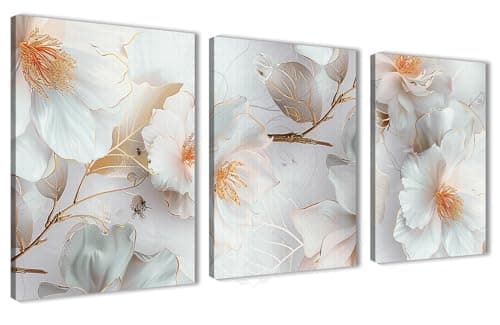 NOVA ART Canvas Wall Art White Floral Print with Fine Details and Elegant Gold Accents for Bedroom Living Room Office Etc Modern Home Decor 30cm x 40cm x 3pcs #NA4