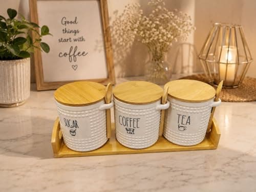 Generic Tea, Coffee and Sugar Jar Set with Wooden Lids, Spoons and Tray, 3 Piece, .Ais Food storage container