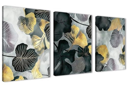 NOVA ART Abstract Canvas Wall Art Green and Gold Leaves on Grey Background Wall Decor for Bedroom Living Room Office Etc Modern Home Decor 30cm x 40cm x 3pcs