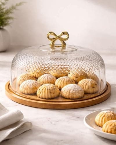 Generic Cake Stand with Diamond-Cut Acrylic Dome Cover, Wood Base, Gold Bow Knob, 30 cm, for Cakes, Pastries and Desserts, .A2