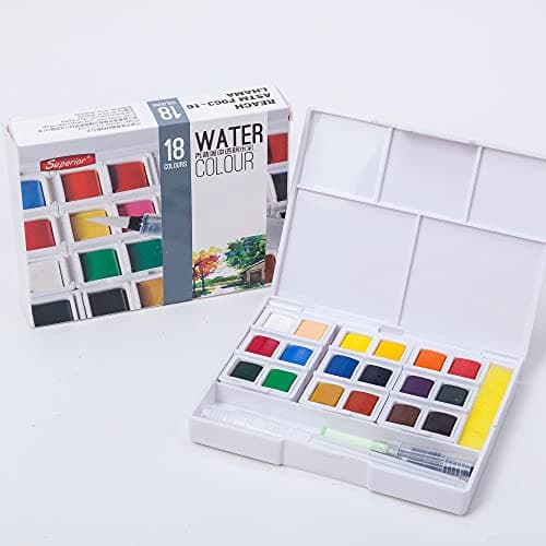 SUPERIOR 18 SOLID WATERCOLOR PAINTING SET WITH PAINTBRUSH BRIGHT COLOR Paint